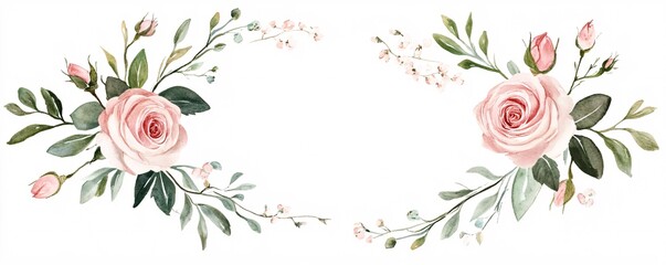 Wall Mural - Romantic and elegant watercolor floral frame featuring delicate pink roses and green leaves