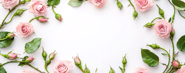 Poster - Floral frame made of pink roses and green leaves on white background with copy space