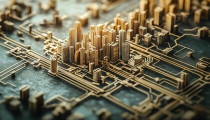 Poster - City on a Circuit Board: A conceptual representation of a modern city built on a computer circuit board, with intricate pathways, symbolizing the interconnectedness of technology and urban life.