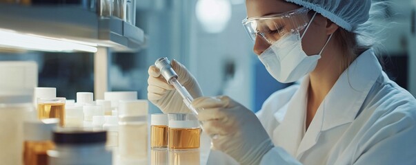 Aufkleber - Scientist is carefully working with samples in a modern laboratory using a pipette