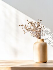 Wall Mural - Minimalist Dried Flowers in Wooden Vase - Serenity, simplicity, nature, elegance, and warmth. A minimalist interior design concept symbolized by dried flowers in a wooden vase.