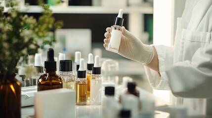 Aufkleber - In a laboratory, a scientist holds a dropper bottle of essential oil while conducting an experiment