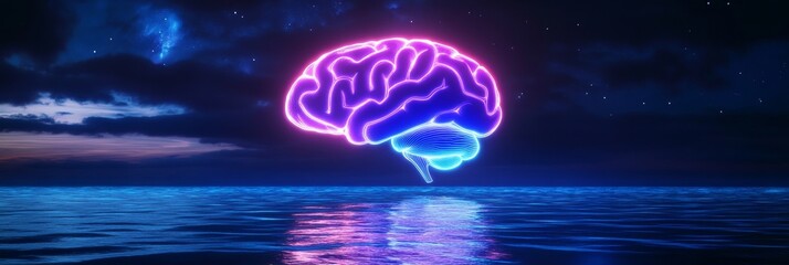 Wall Mural - neon brain reflection over night sea - serene night scene, glowing neon brain floats over calm sea, 