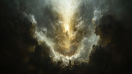 Wall Mural - Ethereal Encounter Amidst Majestic Clouds and Radiant Light