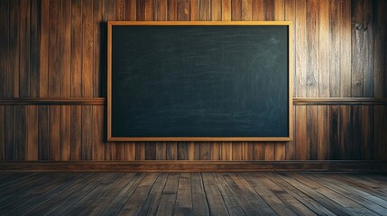 Poster - Vintage style classroom with wooden paneling and a blank chalkboard for copy space