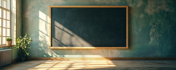 Poster - Empty classroom bathed in sunlight with a blank chalkboard on a vintage wall
