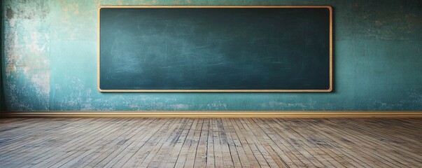 Poster - Waiting for students: empty classroom with old blackboard, green wall, and wooden floor