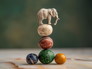 Wall Mural - A small white elephant figurine balances on three colorful spheres, creating an imaginative and playful scene. stability due to strength and power