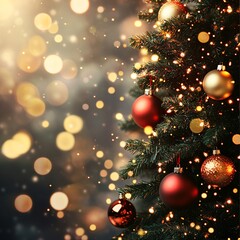 Aufkleber - Christmas tree decorated with red and gold ornaments and illuminated by warm lights, creating a magical holiday atmosphere