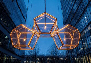 Poster - Modern geometric pendant light design featuring illuminated pentagon shapes suspended in an urban setting during twilight hours