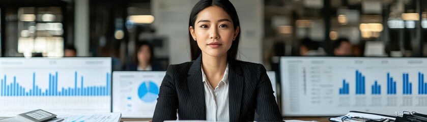 Wall Mural - Confident Businesswoman with Focused Expression at Modern Office with Data Visualizations in Background