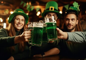 Friends celebrating St. Patrick's Day with green beer and festive hats