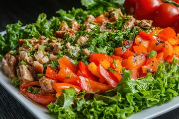 Wall Mural - Delicious Grilled Chicken Salad with Peppers and Lettuce