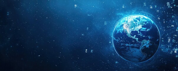 Poster - Digital representation of Earth surrounded by holographic data elements and networks