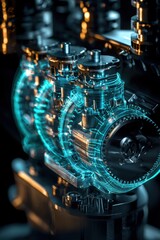 Fototapete - Intricate holographic engine with blue light showcasing mechanical precision