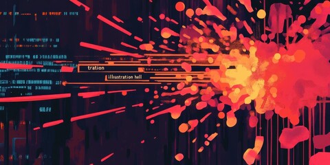 abstract digital art featuring red orange splashes and code