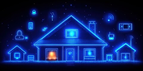 Poster - Bright neon illustration of a modern smart home with technology symbols at night
