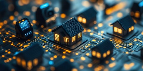 Poster - Digital representation of smart homes connected through technologies and circuits at night