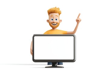 man pointing to computer screen smiling isolated on white background
