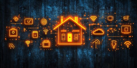 Poster - Smart home technology with glowing icons illustrating connected devices and features on a dark wooden background