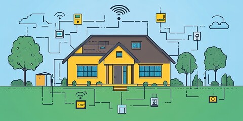 Poster - Smart home technology integration with connectivity features in a suburban setting illustrated