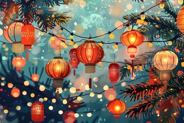 Festive New Year 2025 Celebration - Colorful Illustration with Traditional Holiday Decorations