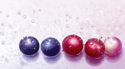 Poster - Fresh wet grapes in red, purple, and white colors adorned with water droplets against a soft background featuring ample copyspace for text.