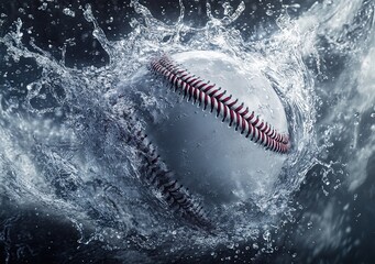 Poster - A baseball ball splashes in 3D rendering against a black background