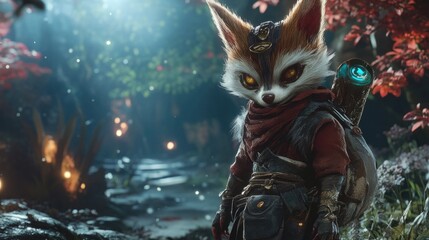  Fantasy creature character in a magical forest with glowing elements and vibrant foliage, showcasing adventure and mystique.