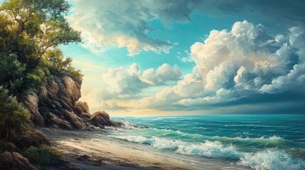 Poster - Serene coastal landscape with rocky shore and gentle waves under a vibrant sky and soft clouds at sunset