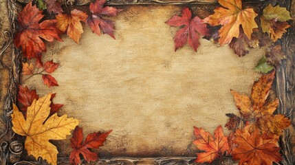 Poster - Autumn Leaves Border on Vintage Texture Background for Seasonal Artwork and Creative Projects