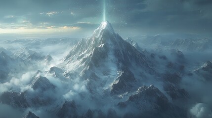 A breathtaking mountain range with snow-capped peaks and a magical aurora in the sky, creating a sense of wonder and awe  