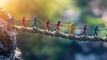 Poster - Group of vibrant figurines holds hands while crossing a gap on a tightrope
