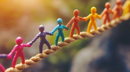 Poster - Colorful figurines are holding hands as they cross a gap on a rope