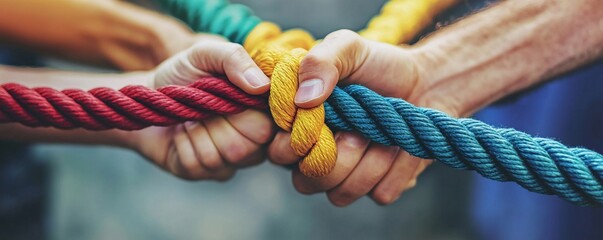 Poster - Team is pulling on a rope together in a symbol of teamwork and togetherness