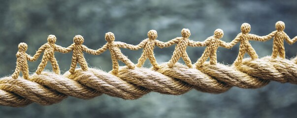Poster - Figurines standing hand in hand on a rope bridge, symbolizing unity and collaboration