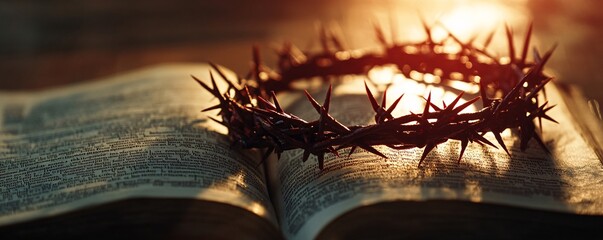 Aufkleber - Crown of thorns evoking crucifixion of jesus christ lying on open bible under warm sunlight