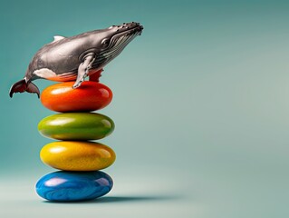 Wall Mural - A playful display of a whale toy balancing on colorful stones, creating a whimsical and imaginative scene. Massive Balance, Fragile Stability