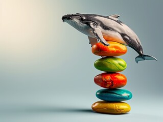 Wall Mural - A playful whale model balancing on colorful stones against a soft gradient background. Massive Balance, Fragile Stability