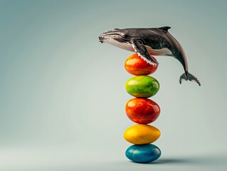 Wall Mural - A playful humpback whale balances atop colorful Easter eggs in a whimsical scene. Massive Balance, Fragile Stability