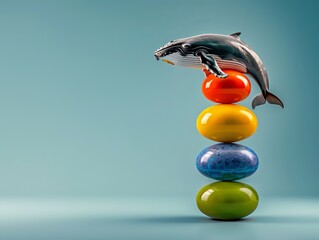 Wall Mural - A playful humpback whale sits atop a vibrant stack of colorful spheres, creating a whimsical and imaginative scene. Massive Balance, Fragile Stability
