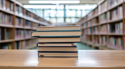 Poster - Pile of books rests on a wooden table in a bustling library with rows of bookshelves in the background, slightly blurred