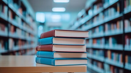 Poster - Books stacked on a desk in a library, with bookshelves in the background