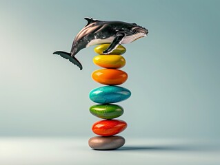 Wall Mural - A playful humpback whale leaps joyfully over a colorful stack of polished stones, creating a vibrant and whimsical scene. Heaviest Balance ,resistance to gravity