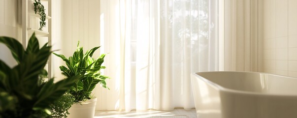 Poster - Modern and luminous bathroom with a white bathtub and green plants