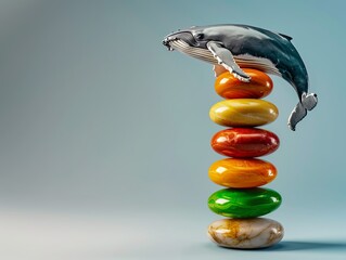 Wall Mural - A whimsical humpback whale leaps above a stack of colorful, polished stones, creating a surreal and playful scene. Heaviest Balance ,resistance to gravity