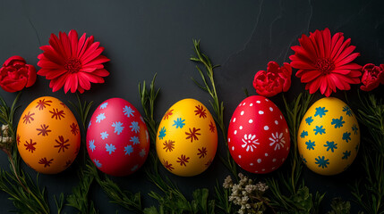 Assorted colorful painted Easter eggs with floral patterns and a vibrant red daisy on a dark textured background, festive holiday decoration concept