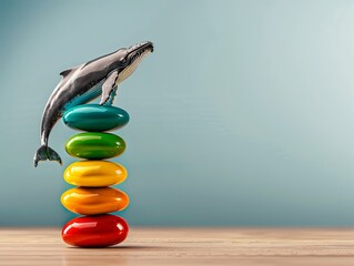 Wall Mural - A whimsical scene featuring a humpback whale gracefully leaping above a colorful stack of smooth pebbles. Heaviest Balance ,resistance to gravity