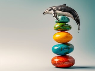 Wall Mural - A whimsical scene features a black and white whale toy gracefully balancing atop colorful stacked stones. Heaviest Balance ,resistance to gravity