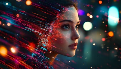 Poster - Young woman profile with glowing particles and light effects creating futuristic digital art composition against dark background with bokeh lights.